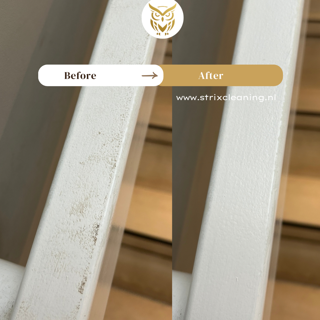 Voor en na reiniging van trapleuning in Groningen door particulier schoonmaakbedrijf Strix Cleaning